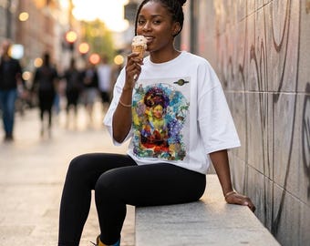 Psychedelic Black Goddess Tee, Oversized Afro Art Tee, Cosmic Streetwear