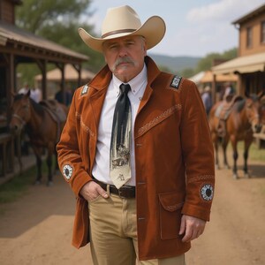 Puede incluir: Un sombrero de vaquero beige, una camisa blanca abotonada, una corbata negra con estampado gráfico y una chaqueta de ante color óxido con bordados decorativos en hombros y mangas, combinada con pantalones beige y un cinturón de cuero marrón oscuro.