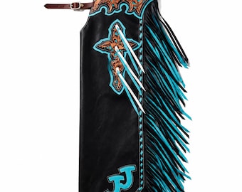 Custom Tooled Leather Cowboy Chaps | Handmade Western Fringe Chaps | Rodeo Bull Riding Chaps | Personalized Leather Chaps