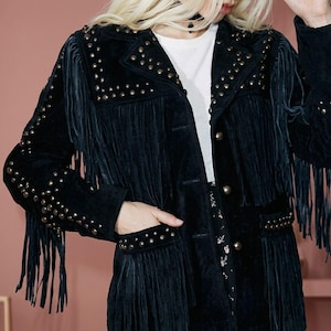 Women's Black Suede Fringe Jacket | Studded Western Leather Coat | Cowgirl Fringe Jacket | Handmade Suede Outerwear