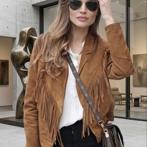 Women's Brown Suede Fringe Jacket | Western Cowgirl Leather Jacket | Handmade Suede Coat | Boho Fringe Outerwear image 1