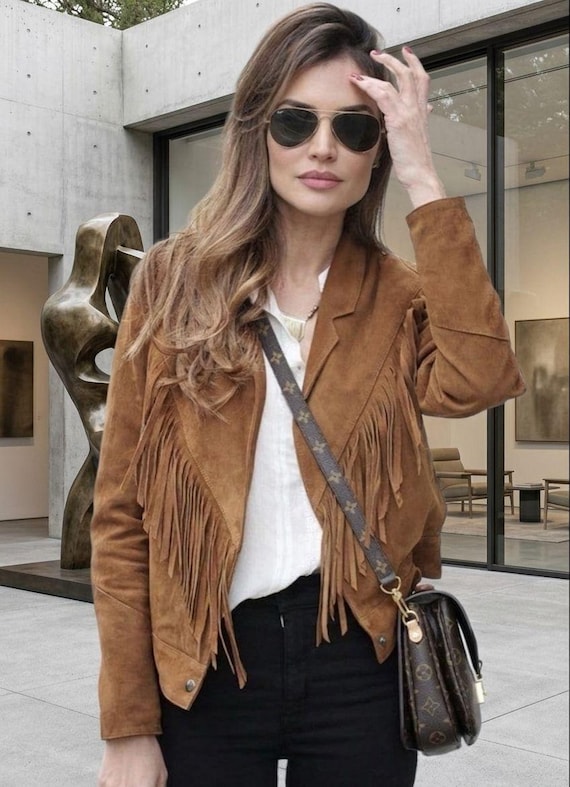 Women's Brown Suede Fringe Jacket | Western Cowgirl Leather Jacket | Handmade Suede Coat | Boho Fringe Outerwear