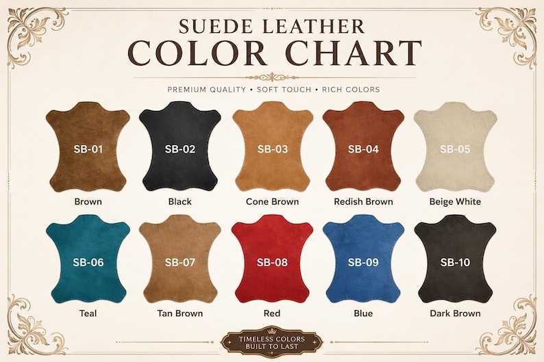 May include: A suede leather colour chart featuring ten distinct swatches labelled SB-01 through SB-10. The colours include brown, black, cone brown, reddish brown, beige white, teal, tan brown, red, blue, and dark brown, all arranged in two rows.