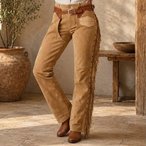 Damchaps i mocka | Bruna chaps med fransar | Cowgirl-rodeochaps | Hellånga chaps med fransar | Present till henne