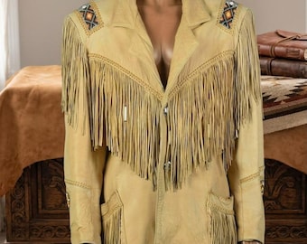 Women's Western Leather Fringe Jacket | Vintage Beaded Jacket | Boho Cowgirl Leather Coat | Western Fashion Festival Jacket