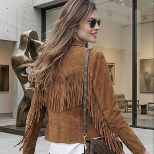 Women's Brown Suede Fringe Jacket | Western Cowgirl Leather Jacket | Handmade Suede Coat | Boho Fringe Outerwear image 2