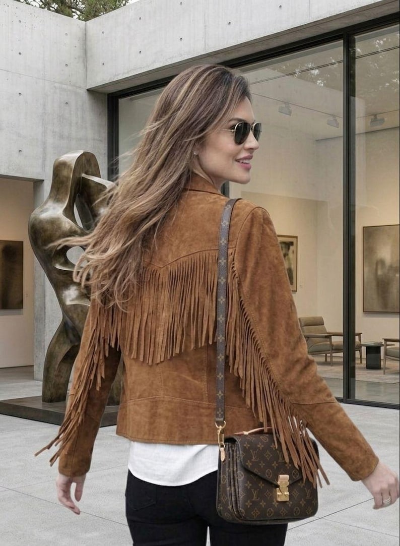 Women's Brown Suede Fringe Jacket | Western Cowgirl Leather Jacket | Handmade Suede Coat | Boho Fringe Outerwear image 2