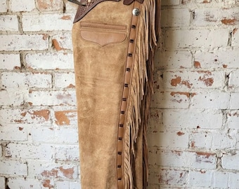 Women Tan Suede Leather Chaps | Western Fringe Chaps | Cowboy Rodeo Chaps | Tooled Yoke Chap | Western Wear Chap