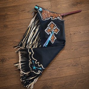 Western Show Chaps | Svarta Guld Silver Fransar | Turkosa Läderchaps | Rodeo Queen Chaps