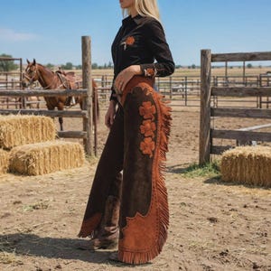 May include: A dark brown long-sleeved button-down shirt with orange floral embroidery on the chest and cuffs, paired with dark brown suede chaps featuring light brown leather floral appliqués, long fringe trim, and brown leather cowboy boots.