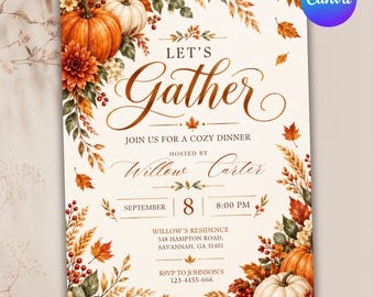 Thanksgiving Dinner Invitation Canva Template, Let’s Gather Watercolor Pumpkin Floral Invite, Editable Fall Friendsgiving 2 Color Options