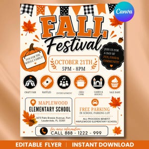 May include: A Fall Festival flyer featuring orange and black bunting, a pumpkin with a sign reading Fun for the Whole Family, and text detailing an October 21st event at Maplewood Elementary School with activities like a craft fair and raffles.