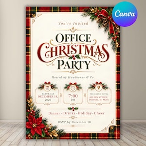 May include: An invitation card for an Office Christmas Party hosted by Hawthorne & Co. on December 18, 2026, at 7:00 PM at The Grand Hotel in Detroit, MI. The design features a red and green plaid border, poinsettias, and pine branches.