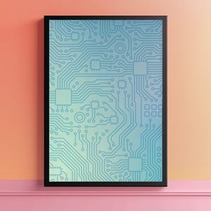 May include: A rectangular wall art piece in a thin black frame featuring a blue and green gradient background with a dark blue circuit board pattern consisting of interconnected lines, geometric shapes, and square microchip components.