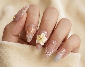 Press On Nails Set 24 Pieces | Shell Texture Dusty Rose Almond False Nails Pearl Gold Charm | Reusable Fake Nails Full Cover | Nail Gift