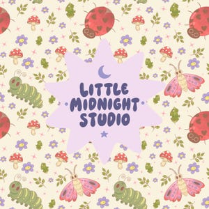 May include: A light cream background featuring a repeating pattern of red ladybugs with heart spots, green caterpillars, pink moths, red mushrooms, and purple flowers. A large, light purple star-shaped emblem displays the text Little Midnight Studio.