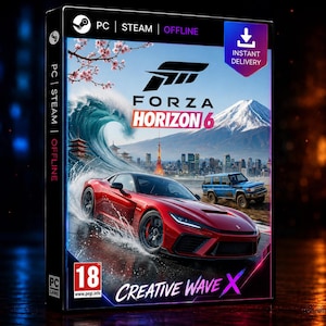 May include: A PC game case for Forza Horizon 6 Creative Wave X featuring a red sports car driving through water, a blue SUV, a large wave, cherry blossoms, and Mount Fuji in the background. The cover includes Steam, Offline, and 18 PEGI rating labels.