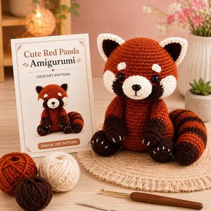 Può includere: Un giocattolo amigurumi a forma di panda rosso realizzato all'uncinetto con zampe marrone scuro e coda a righe, accanto a una scheda modello intitolata Cute Red Panda Amigurumi, tre gomitoli di lana, un ago da cucito e un uncinetto marrone.
