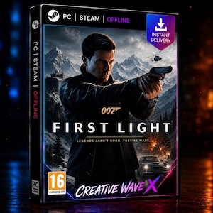 May include: A PC game case for 007 First Light featuring a man in a black jacket holding a handgun. The cover art displays a mountain landscape, a helicopter, a car, and the text: 007 FIRST LIGHT, LEGENDS AREN'T BORN. THEY'RE MADE. CREATIVE WAVE X.
