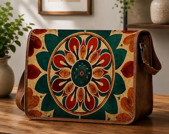 Mandala-mönstrad läderväska, bohemisk blommig laptopväska, axelväska med tryck, vintage läderarbetsväska, present