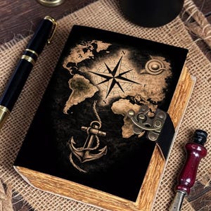 Cuaderno de brújula de cuero auténtico, cuaderno con mapa del mundo vintage, diario de viaje, diario náutico de cuero, diario de aventuras, regalo para exploradores