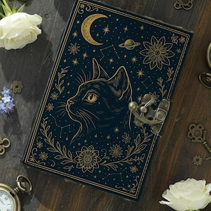 Black Cat Celestial Leather Journal, Moon Phase Notebook, Deckle Edge Grimoire