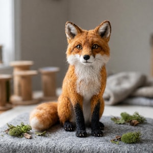 Könnte beinhalten: Eine handgefertigte, nadelgefilzte Fuchsfigur mit einem leuchtend orange-weißen Fell sowie schwarzen Pfoten und Ohren. Der Fuchs sitzt aufrecht, wobei der buschige Schwanz zur Seite liegt, was die detaillierte Fellstruktur und dunkle Augen zeigt.