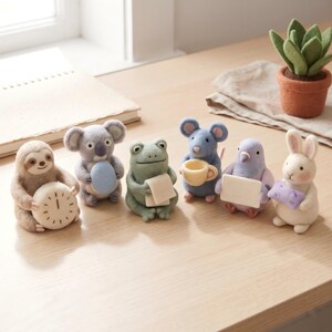 May include: A collection of six small needle-felted animal figurines arranged in a row. The set includes a beige sloth holding a clock, a grey koala with a blue egg, a green frog with a white cloth, a blue mouse with a cup, a purple pigeon with a white sign, and a white rabbit holding a small purple pillow.