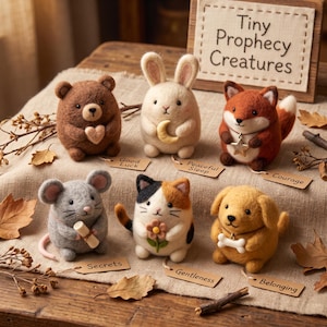 Könnte beinhalten: Sechs nadelgefilzte Tierfiguren mit der Aufschrift Tiny Prophecy Creatures. Ein brauner Bär mit Herz, ein weißer Hase mit Mond, ein Fuchs mit Stern, eine graue Maus mit Schriftrolle, eine Glückskatze mit Blume und ein goldener Hund mit Knochen.