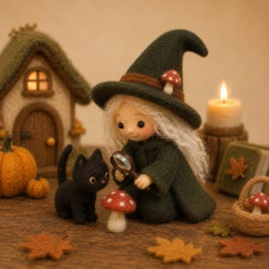 May include: A needle-felted doll wearing a dark green pointed hat with a small mushroom accent and a matching cloak, holding a magnifying glass over a red and white mushroom. A small black cat sits nearby, with a miniature house and candle.