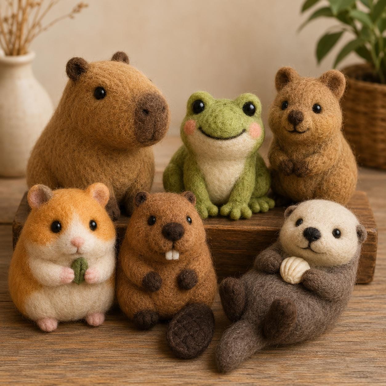 Handmade Needle Felt Wool Animals, Capybara, Frog, Beaver, Otter Figurines