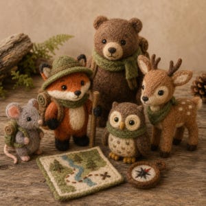 Woodland Explorer Animal Figurines, Handmade Needle Felt Forest Adventure Set, Cute Camping Decor, Cottagecore Gift