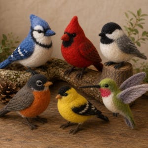 Handmade Needle Felt Bird Figurine Set, Wool Songbird Collection, Cardinal Blue Jay Hummingbird Garden Decor Gift