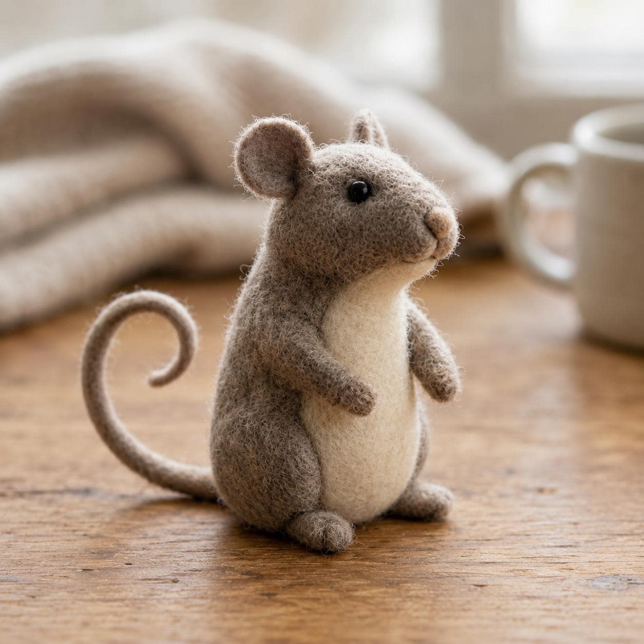 Handmade Needle Felt Mouse Figurine, Wool Animal Sculpture, Cozy Cottagecore Decor