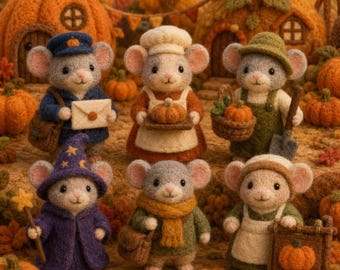 Needle Felt Harvest Mouse Village Set, Handmade Wool Pumpkin Mice Figurines, Fall Woodland Decor Gift