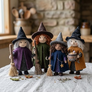 Handmade Needle Felt Witch Collection, Wool Wizard Dolls, Cottagecore Halloween Decor, Fantasy Sorceress Figurines, Witchy Shelf Display