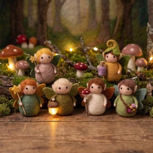 Handmade Needle Felt Fairy Figurines, Woodland Pixie Elf Decor, Cottagecore Forest Friends, Individual or Full Set of 6, 7.5 cm