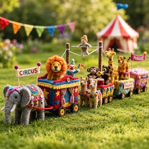 Könnte beinhalten: Ein Zirkus-Parade-Set aus Nadelfilz mit einem grauen Elefanten, der einen bunten Wagen zieht, sowie einem Löwen, einem Clown, einem Seiltänzer, einem Affen, einem Bären, einer Giraffe, einem Tiger und zwei Lamas. Wagen mit Flaggen und Schildern.