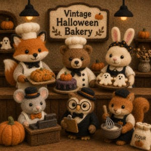 Op de afbeelding: Een naaldvilt tafereel met zes dierenfiguren in een bakkerij met een bord met de tekst Vintage Halloween Bakery. De figuren zijn een vos, beer, konijn, muis, uil en eekhoorn, allemaal met koksmutsen of accessoires, omringd door pompoenen.