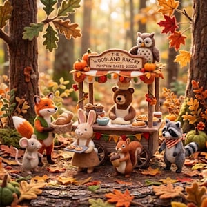 Op de afbeelding: Een gevilt bosbakkerij-tafereel met een berenbakker achter een kar met het opschrift THE WOODLAND BAKERY PUMPKIN BAKED GOODS. De display bevat een vos, konijn, muis, eekhoorn, wasbeer en uil, omringd door herfstbladeren en pompoenen.