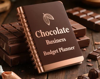 May include: A dark brown spiral-bound notebook with a copper-coloured coil and metallic lettering that reads Chocolate Business Budget Planner, featuring a cocoa pod icon on the cover, positioned among several solid chocolate bars and pieces.