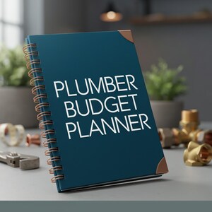 May include: A dark teal spiral-bound planner with the white text PLUMBER BUDGET PLANNER printed on the front cover. The notebook features copper-colored metal wire binding and matching copper-colored corner protectors on the top and bottom edges.