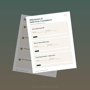 May include: A white planner page titled Milestones & Debt-Free Countdown with sections for First Debt Paid Off, 50% of Total Debt Gone, and Final Debt Payoff. Each section includes fields for target date and amount needed with a progress bar.
