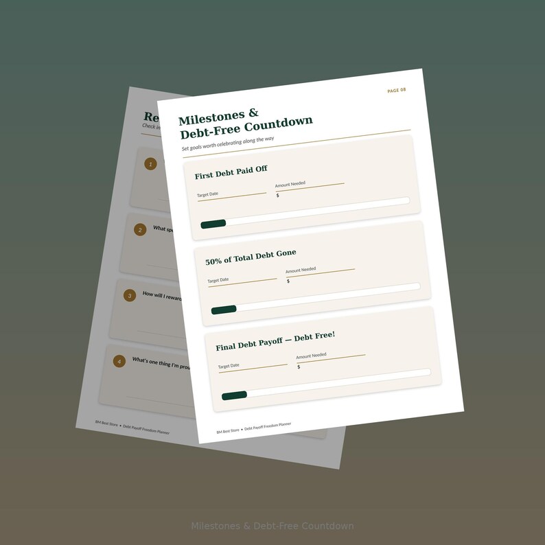May include: A white planner page titled Milestones & Debt-Free Countdown with sections for First Debt Paid Off, 50% of Total Debt Gone, and Final Debt Payoff. Each section includes fields for target date and amount needed with a progress bar.