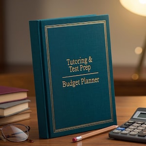 May include: A dark teal hardback budget planner with gold foil text that reads Tutoring & Test Prep Budget Planner. The book features a double-line gold border on the front cover. It is positioned upright next to a calculator and a pencil.