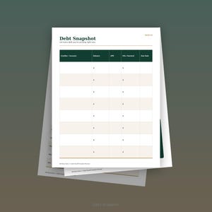 May include: A Debt Snapshot planner page featuring a dark green header with columns for Creditor/Account, Balance, APR, Min. Payment, and Due Date. The white form includes rows for tracking financial data with currency symbols in the fields.