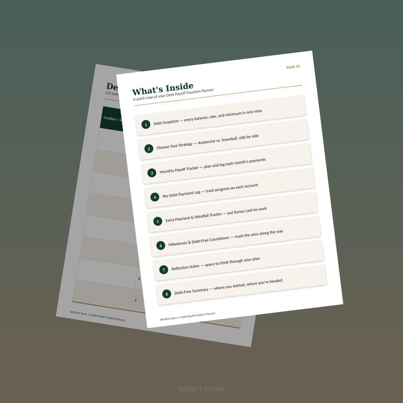 May include: A white page titled What's Inside from a Debt Payoff Freedom Planner. It lists nine numbered sections including Debt Snapshot, Choose Your Strategy, Monthly Payoff Tracker, Per-Debt Payment Log, and Debt-Free Summary.