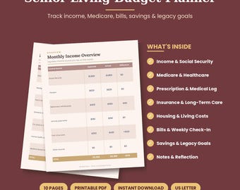 May include: A Senior Living Budget Planner document with a Monthly Income Overview table. The text includes headers for income, Medicare, bills, savings, and legacy goals. A list of contents features Income, Social Security, Medicare, Healthcare, Prescription, Medical Log, Insurance, Long-Term Care, Housing, Living Costs, Bills, Weekly Check-In, Savings, Legacy Goals, and Notes.