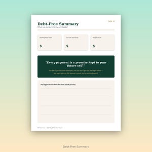 May include: A Debt-Free Summary planner page with sections for Starting Total Debt, Current Total Debt, and Total Paid Off. It features a dark green box with the quote Every payment is a promise kept to your future self and a section for My biggest lesson.