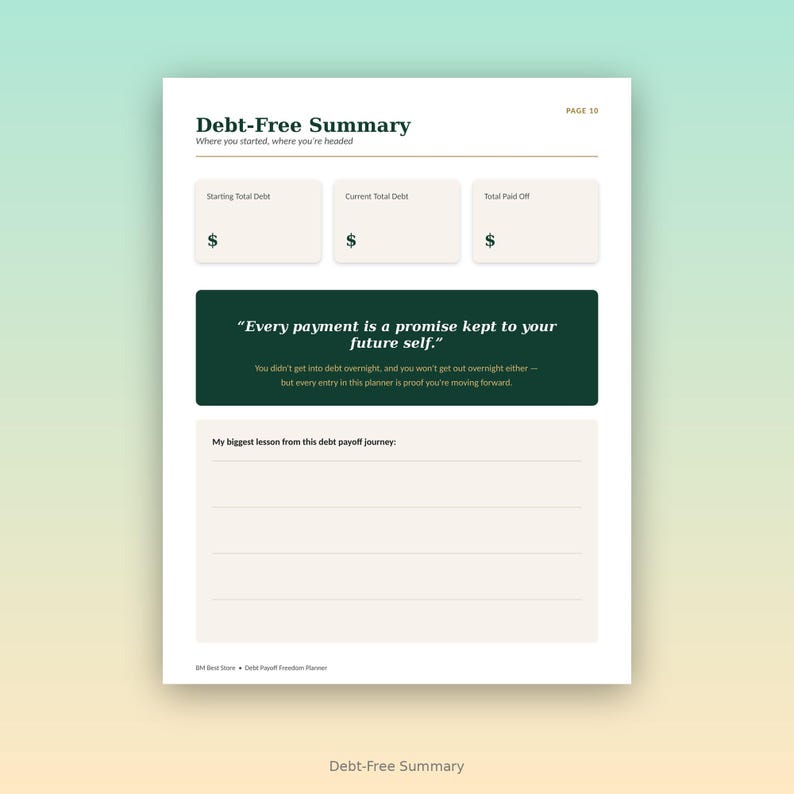 May include: A Debt-Free Summary planner page with sections for Starting Total Debt, Current Total Debt, and Total Paid Off. It features a dark green box with the quote Every payment is a promise kept to your future self and a section for My biggest lesson.